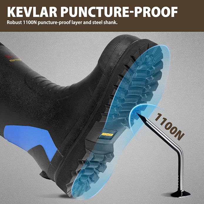 Rubber Work Boots with 800g Insulation, Puncture-Proof Steel Toe & Shank, Lightweight EVA Outsole Waterproof Insulated Neoprene Hunting Boots for Farming, Construction and Manufacturing (Size 6-14)