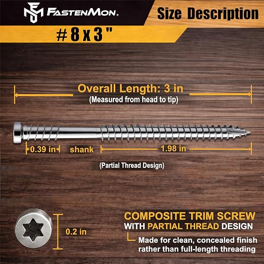 Composite Trim Screws, #8 x 3” Stainless Steel 304, 450pcs | Hidden Fastener For PVC & Wood, Outdoor Deck, Exterior & Finish Fasteners, Rust-Resistant, T-10 Star Drive, 4lbs