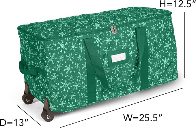 Covermates Keepsakes Rolling Treasurekeeper Storage Bag – Heavy-Duty Polyester with Dual Wheels & Handles – Protects Holiday Decorations with ID Window & Dual Zipper Access, Green Snowflake