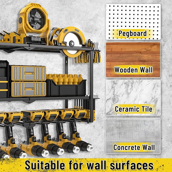 Power Tool Organizer Wall Mount, Heavy Duty 8 Drill Holder Wall Mount, Metal Cordless Tool Shelf, Tool Holder and Storage Rack for Garage Organization Workshop