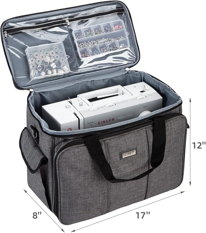 HOMEST Sewing Machine Carrying Case with Multiple Storage Pockets, Universal Tote Bag with Shoulder Strap Compatible with Most Standard Singer, Brother, Janome, Grey (Patent Design)
