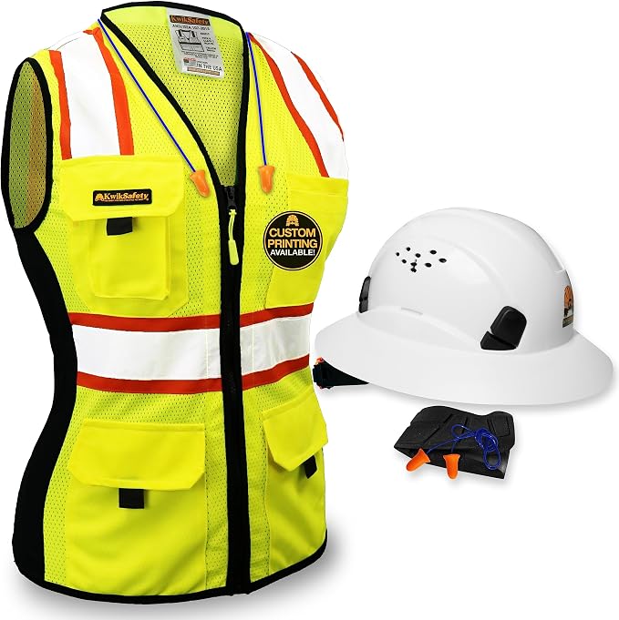 KwikSafety FIRST LADY Safety Vest for Women [Yellow, Large] + TORTOISE Full Brim Hard Hat Bundle