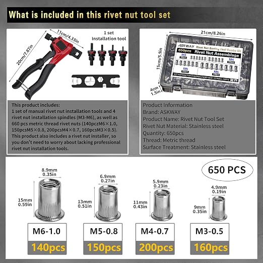 Stainless Steel Pressure Rivet Nut Tool Kit, 650PCS Metric Rivet Nut Combination (M6/M5/M4/M3), Suitable for Furniture, Decoration, Automotive, Marine and Industrial Applications