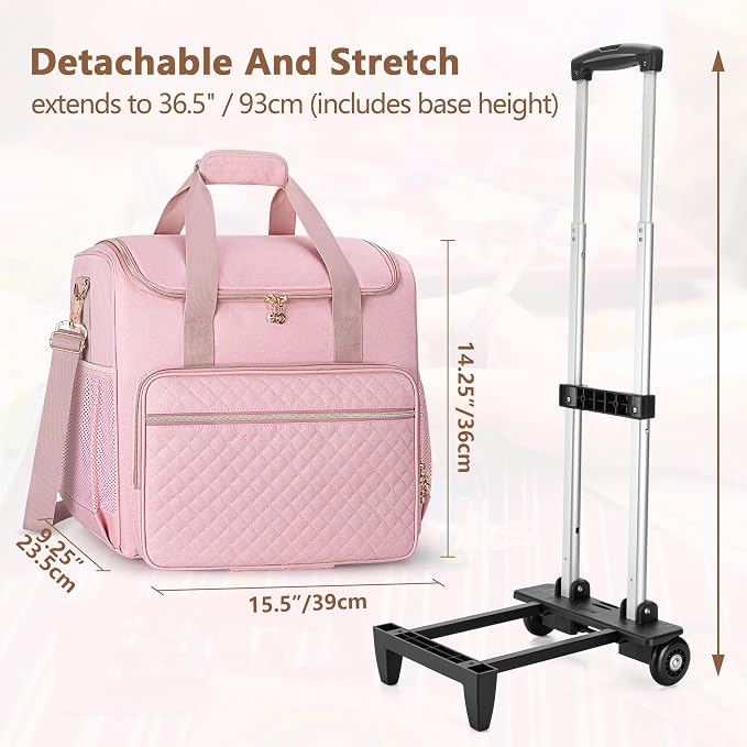 LUXJA Rolling Craft Bag with Pockets for 12 x 12 inch Scrapbook Album and Laptop, Rolling Scrapbook Tote with Detachable Dolly (Patent Pending), Pink