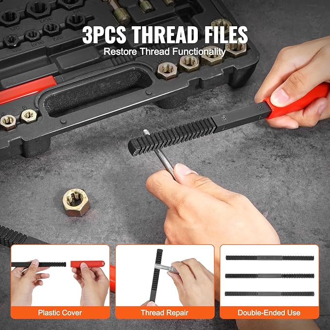 VEVOR Thread Chaser Set - 49-Piece UNC UNF and Metric Thread Restorer Tool Rethreading Tool Kit with 22 Taps 24 Dies 3 Thread Files Storage Case Heat Treated Steel for Mechanics DIY Enthusiasts