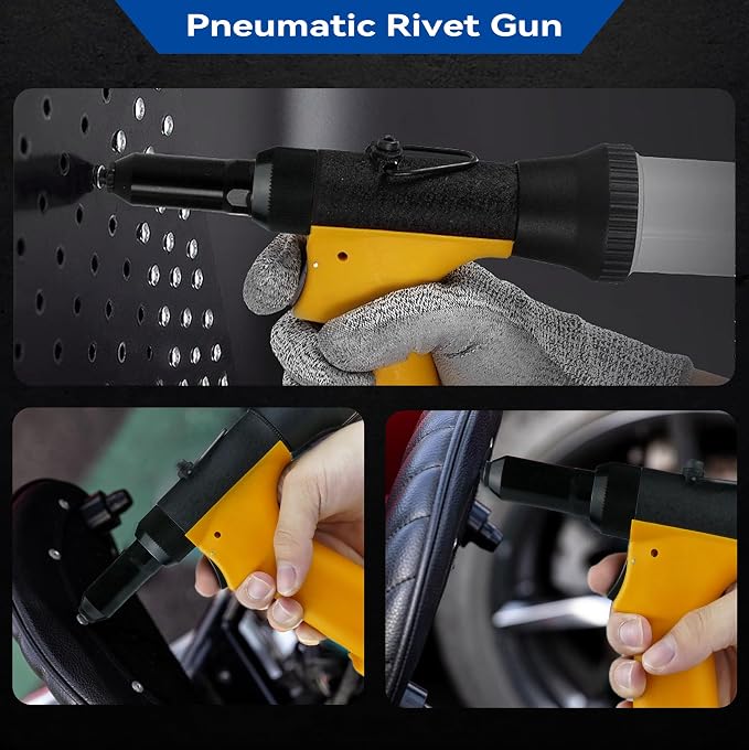 Pneumatic Rivet Gun Kit, Air Riveter Tool with 4 Nozzles (3/32"-3/16"), Switch-Type Interface, Self-Suction Design for Auto Repair & Metal Work