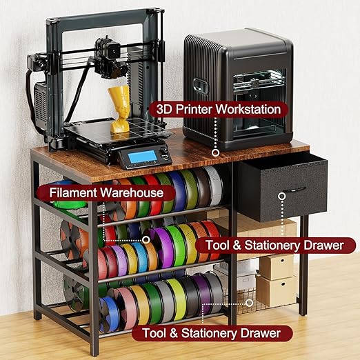 3D Printer Stand with Filament Storage Rack, 3D Printer Table with Power Outlet, 3-Tier Filament Holder with Drawer, 3D Printer Filament Stand Organized for Office Workshop Studio Office