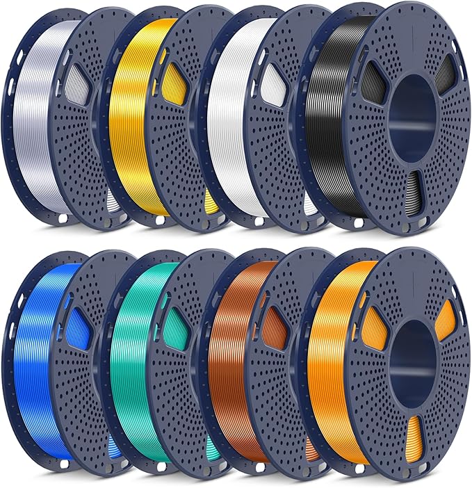 SUNLU 3D Printer Filament Bundle, PLA+ Silk Filament Multicolor 1.75mm, Individually Vacuum Packed, 250G Spool, 8 Rolls, 2kg in Total, Black+White+Light Gold+Silver+Brass+Red Copper+Blue+Green