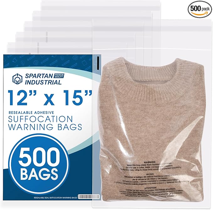 Spartan Industrial - 12” X 15” (500 Count) Self Seal Clear Poly Bags with Suffocation Warning for Packaging, T Shirts - Resealable Glue
