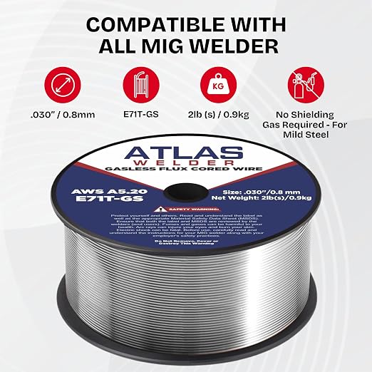 (3 Pack) ATLASWELDER Flux Core Welding Wire, E71T-GS .030 Inch 2LB, Gasless Mild Steel MIG Welding Wire with Low Spatter for All Position Welding