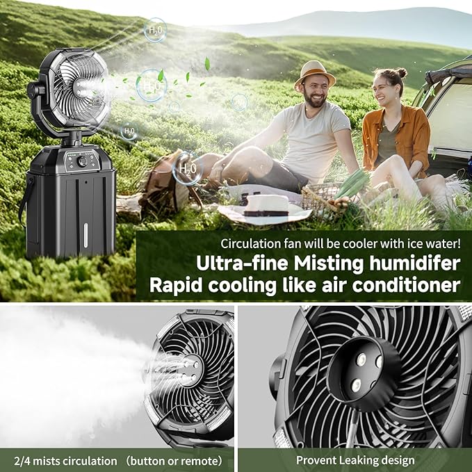Portable Misting Fan Rechargeable for Hot Weather - 9-inch Auto Swivel Camping Fan with 25000mAh USB Battery as Power Bank, Outdoor fan with 4 Mist Cooler, 7L Bucket for Patio,Yard,Beach,Golf (Black)