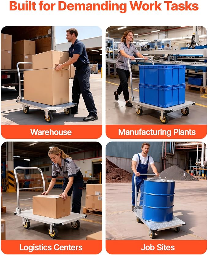 VEVOR Heavy Duty Platform Truck, 2000 LBS Steel Large Flatbed Cart with 360° Swivel Wheels & Brakes, Foldable Platform Hand Push Truck Dolly for Easy Storag/Groceries/Garage/Warehouse (36" X 24")