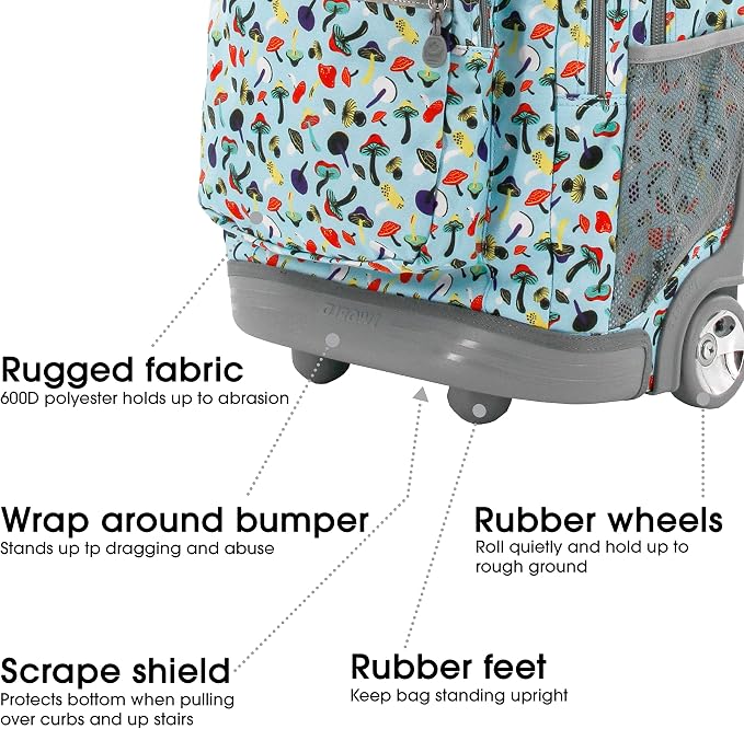 J World Sundance Laptop Rolling Backpack for Girls Boys. Roller Bookbag with Wheels, 20 Inch, Skyshroom