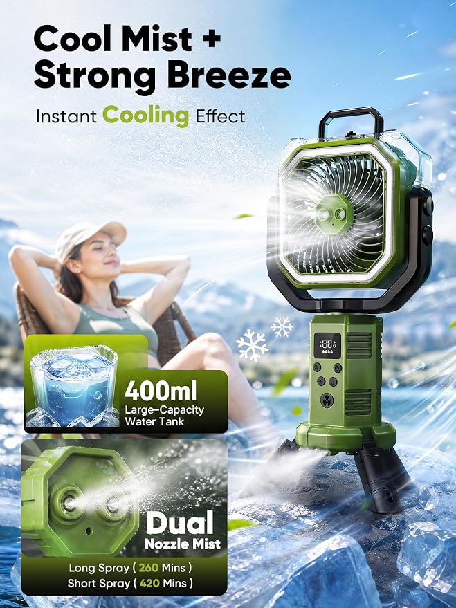 Portable Misting Fan, Rechargeable Camping Fan with 400ml Tank, 20000mAh Battery, Remote Control, LED Light, 4 Speeds, Oscillating Outdoor Fan for Tent, Patio, Beach, RV, Garage, Indoor Outdoor, Green