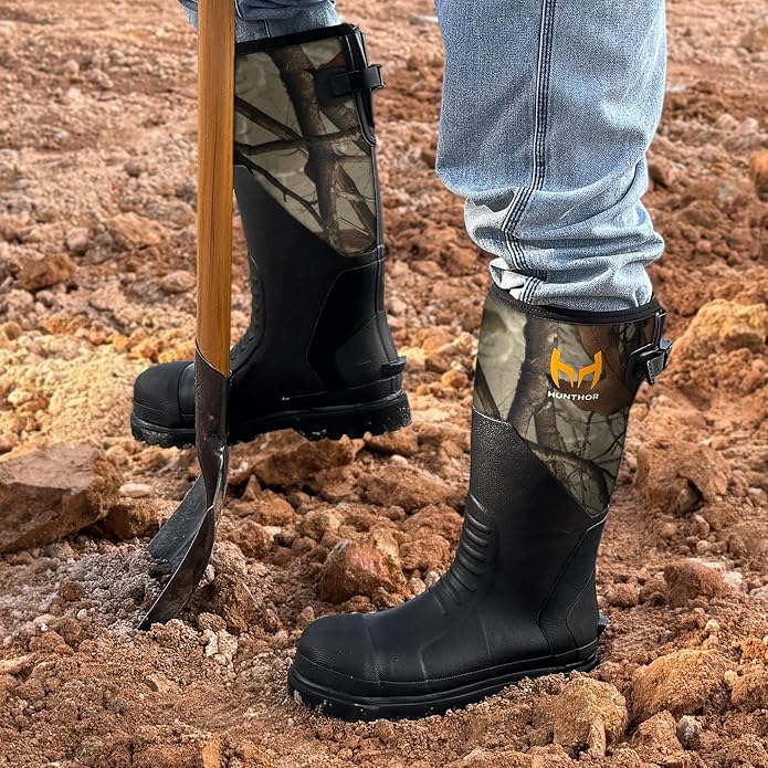 Rubber Work Boots, Puncture-Proof with Steel Toe & Shank, Lightweight Waterproof Anti Slip EVA Outsole Hunting Boots for Men, 6mm Neoprene for Construction, Manufacturing or Farming(Size 6-14)