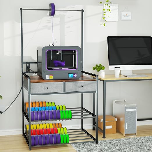 DALEMHOME 3D Printer Stand with Storage, 3D Printer Table with Power Outlet & Filament Rack, Heavy Duty Metal Workstation with Drawers for 3D Printing, Rustic Brown, 31.5" L x 23.6" W x 63" H