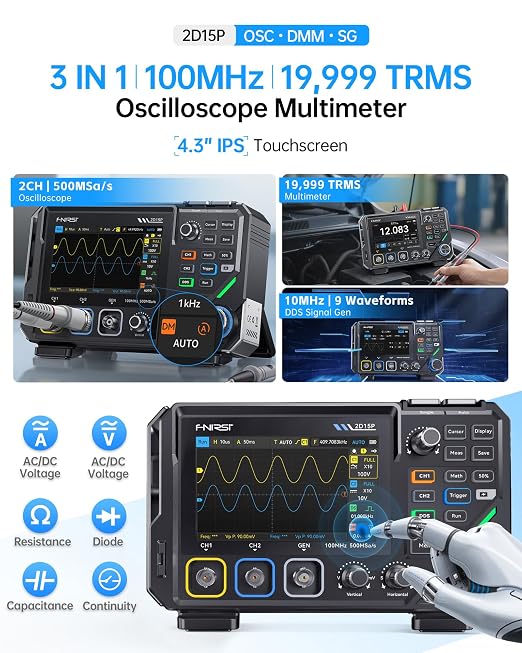 FNIRSI 2D15P 100MHz Digital Oscilloscope Multimeter DDS Signal Generator 3 in 1, 2CH Automotive Oscilloscope Multimeter 19,999 TRMS Counts, 500MS/s Sampling, 4.3'' Touch Screen