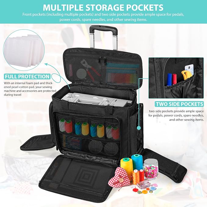 Sewing Machine Case with Wheels, Universal Rolling Trolley Tote with Shoulder Strap & Multiple Storage Pockets Compatible with Most Standard Singer, Brother, Janome, Black