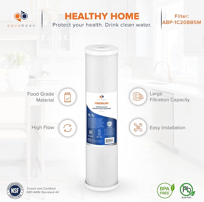 Aquaboon 5 Micron 20 x 4.5 Whole House Water Filter Replacement Cartridge Carbon Block Chlorine Reduction for 1-Stage Water Filtration System 2 Pack