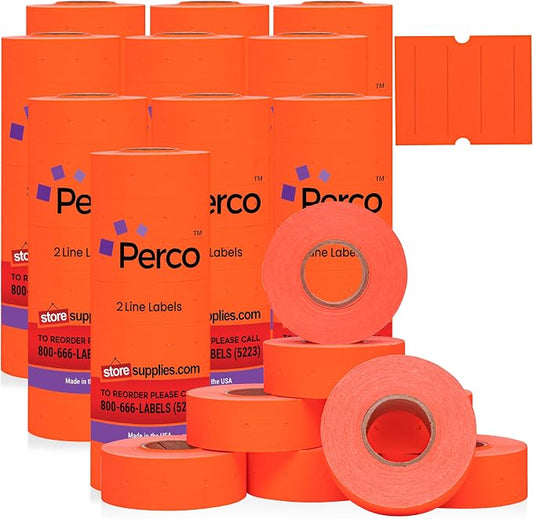 Perco 2 Line Fluorescent Red Labels - 60,000 Blank Price and Date Gun Labels for Perco 2 Line Price and Date Guns - 80 Rolls, 10 Sleeves - Made in USA
