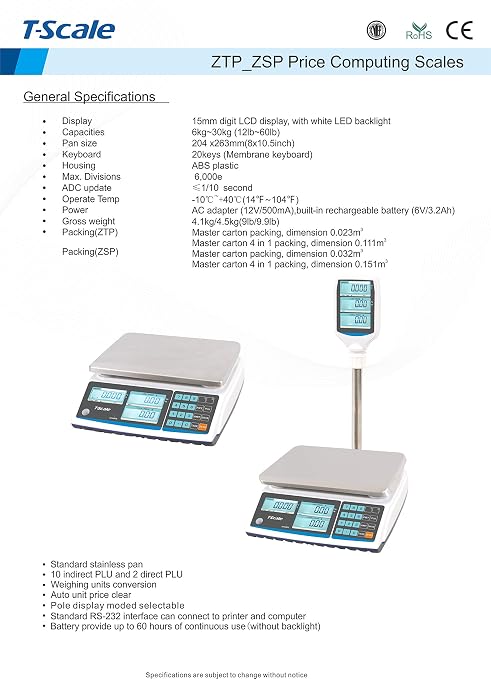 Aquos ZTP Price Computing Scale – Class III NTEP Legal for Trade, Commercial Digital Scale with LCD Backlit Display & Stainless Steel Platter, Retail Grocery Scale (30lbs Pole Model)