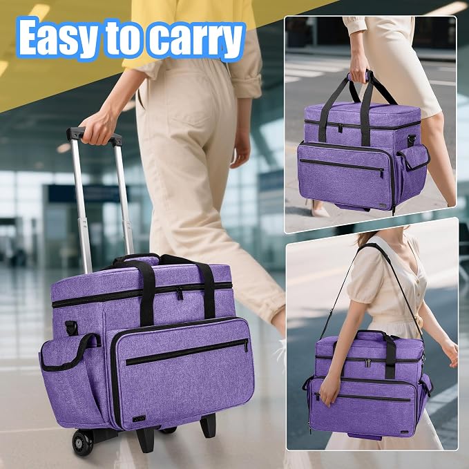 Teamoy Rolling Scrapbook Tote with Detachable Wheels, Rolling Craft Bag with Bottom Wooden Pad, Scrapbook Storage Bag for Women, Purple