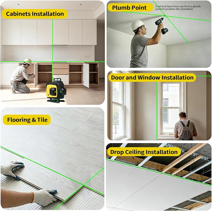 Self-Leveling Laser Level, 4x360° Green Beam Cross-Line Whole Room Coverage with Remote Control & Rotatable Window for Picture Hanging & Home Renovation