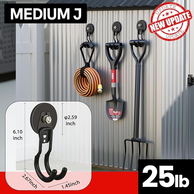 ULIBERMAGNET Heavy Duty Magnetic Garage Hooks,8 Pack Strong Large Magnet Hooks for Power Drill,Garden Tools,Hose,Pegboard,Garage, Workshop,Magnetic Storage Hooks for Indoor Outdoor Hanging(Black)