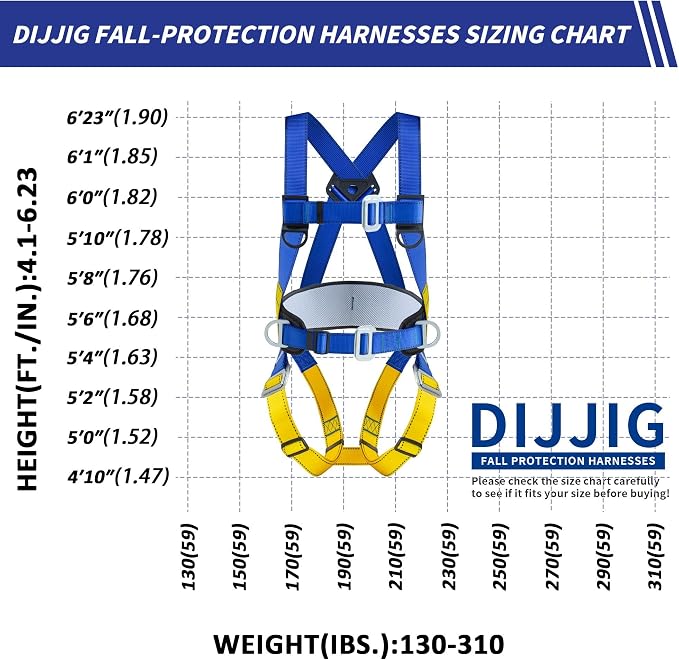 DIJJIG Universal Full Body Fall Protection Safety Harness with Dorsal D-Ring and Mating Buckle Legs，roofing harness construction harness ANSI/ASSP Compliant,internal Shock Absorbing landyard&Hook