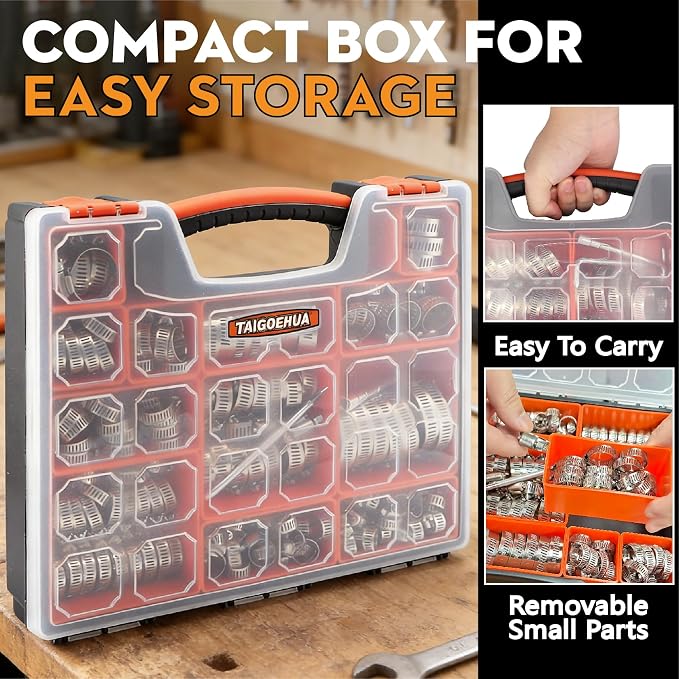210PCS Stainless Steel Hose Clamps Assortment Kit, 1/4"-2"(6-51mm) 304 Worm Gear Heavy Duty Clamp Set, Radiator Clamps for Automotive Fuel Line Plumbing Pipe, with 2 Tools