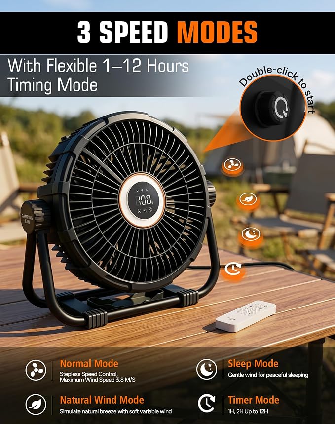 10" Plug-in Portable Camping Fan, Floor Fan with Stepless Speed, LED Light, Remote Control, 270° Rotation & 1-12h Timer for Indoor Bedroom Office & Outdoor Camping, Tent, RV