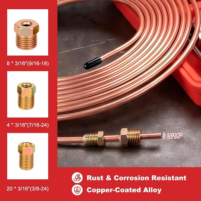 25 Ft 3/16" & 1/4" Brake Line Kit, Copper Coated Brake Line Repair Kit with Brake Line Bender, Single & Double Flare Tool Kit, Include 32 Inverted Tube Nut, Deburring Tool