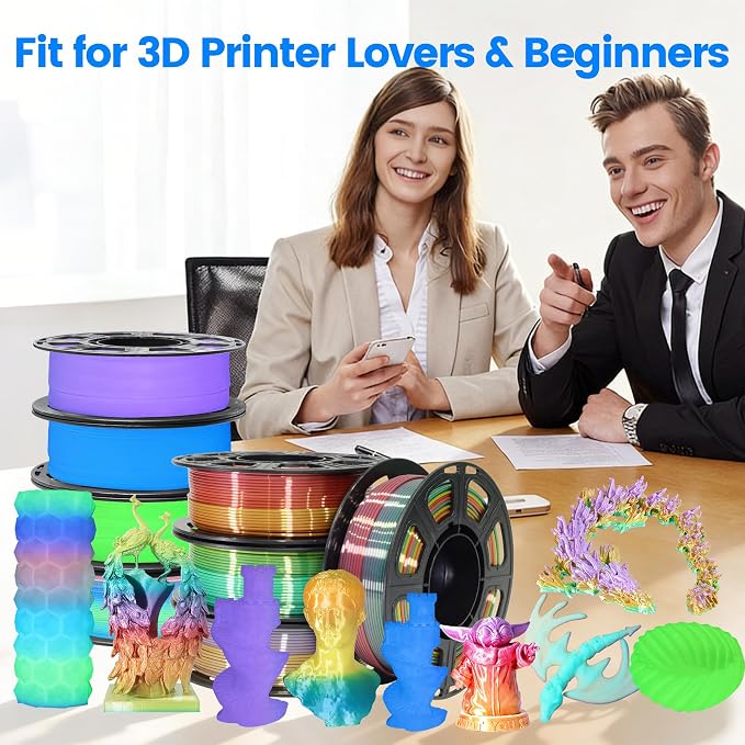 MIKA3D 8 Spools Different Popular Colors 3D Printing Filament PLA Bundle, 1.75mm 4 Different Silk Rainbow PLA, 4 Different Glow in Dark PLA, Total 8 Spools Packed, 0.25kg/Spool, Total 2kg