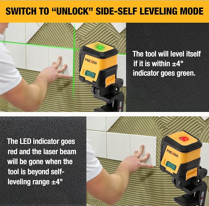 PREXISO Multi Surface Laser Level LED Light Vial, 30Ft Horizontal and Vertical Line Laser & PREXISO 65Ft Laser Level Self Leveling with Rotatable Mount Clamp