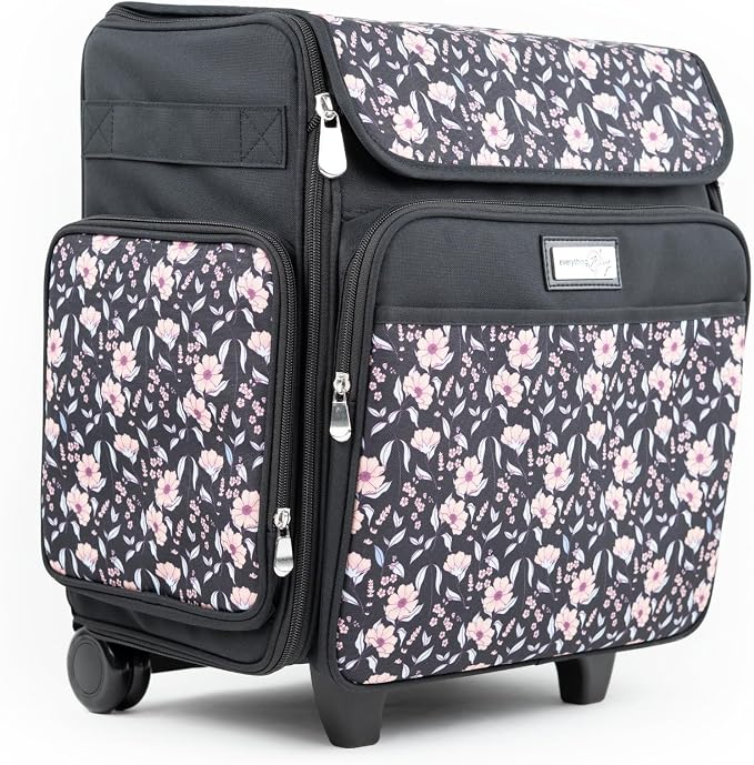 Everything Mary Rolling Scrapbook Tote – Black & Floral Trim Foldable Craft Organizer Tote for Scrapbooking Supplies, Art Tools, Paper & Accessories – Portable Storage Bag