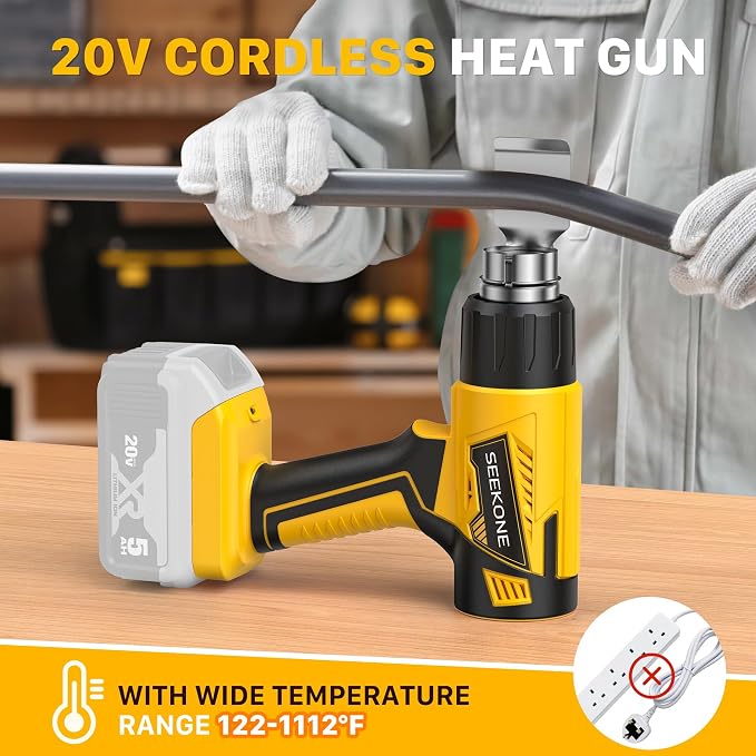 SEEKONE Cordless Heat Gun with LCD Variable Temperature Control 122℉-1112℉, Compatible with Dewalt 20V Battery, Hot Air Gun with Memory Function and 3 Nozzles for Crafting, Vinyl Wrap and 3D Printing