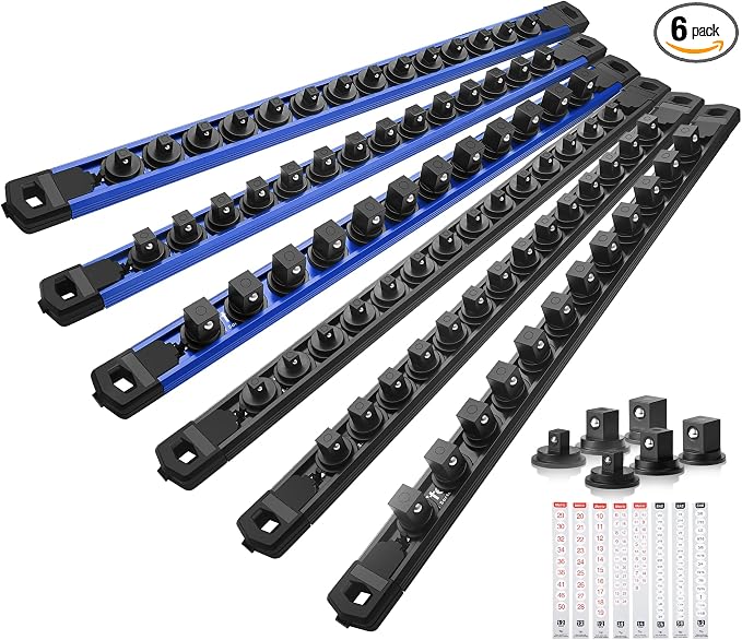 Reniteco Magnetic Socket Organizer Set, 6PC 1/2" 3/8" 1/4" Drive Aluminum Alloy Socket Holder with 80PC 360° Swivel Removable Clips, Magnetic Socket Rail for Tool Box Drawer, Black & Blue