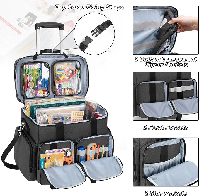 CURMIO Rolling Scrapbook Bag, Craft Bag with Wheels for Paper, Ablum, Black | Crafts Supplies Tote with Wheels, with 2 detachable zipper pouches, Removable Bottom Board, Shoulder Straps, Large Capacity