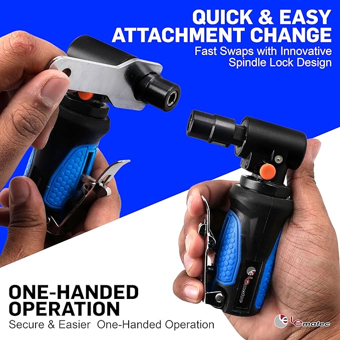 LE LEMATEC Right Angle Die Grinder, 20,000 RPM Pneumatic Air, 90 Degree | Spindle Lock, 1/4in Collet, Auto Detailing, Deburring, Polishing, Weld Prep, Mini, 1.4 lb