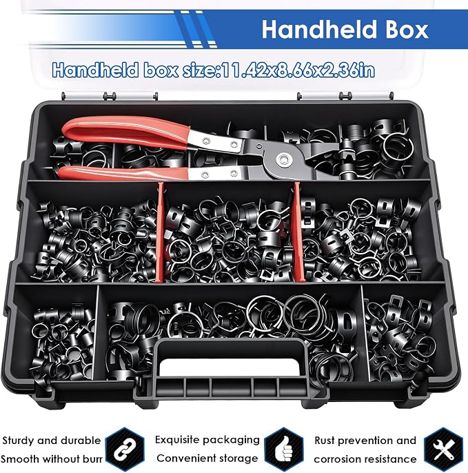 smseace 406Pcs 6-25mm Spring Band Hose Clamps With Plier 13-sizes Constant Tension Hose Clamp used for Fuel Line，Vacuum Hose，Air Hose