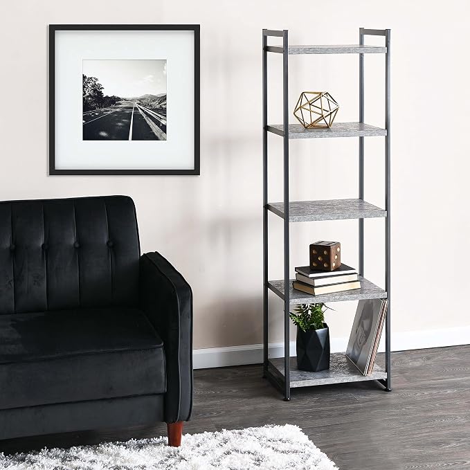 Household Essentials Slate Concrete & Iron Five-Shelf Tower Bookcase
