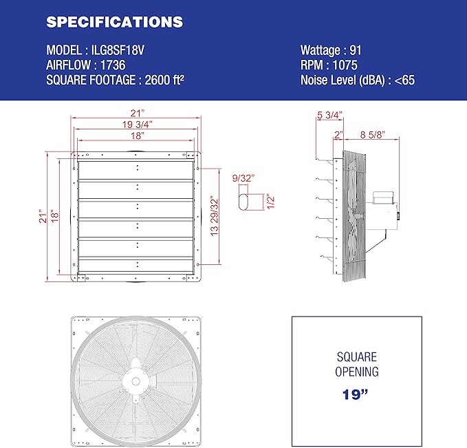 iLiving - 18" Wall Mounted Exhaust Fan - Automatic Shutter - Variable Speed - Vent Fan For Home Attic, Shed, or Garage Ventilation, 1736 CFM, 2600 SQF Coverage Area (Power Cord Not Included)