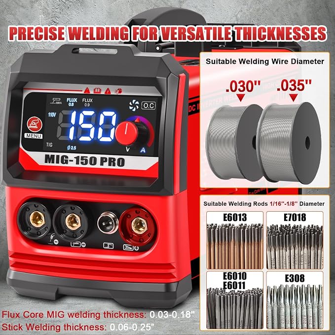 GNI Multiprocess Portable MINI Welder, MIG/TIG/Stick 3 IN 1 Welding Machine | IGBT Inverter Beginner-Friendly MIG Welder Machine with Auto-Darkening Goggles, 150A Flux Core Welder for Home DIY