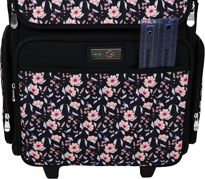 Everything Mary Rolling Scrapbook Tote – Black & Floral Trim Foldable Craft Organizer Tote for Scrapbooking Supplies, Art Tools, Paper & Accessories – Portable Storage Bag