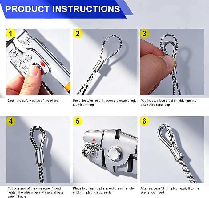 Twidec/Wire Rope Crimping Tool Kit Up To 2.2mm Swaging Tool With 165FT 1/16'' 304 stainless steel Wire Rope And 150PCS 1/16''Aluminum Crimping Loop Sleeve 20PCS Wire Rope Thimbles