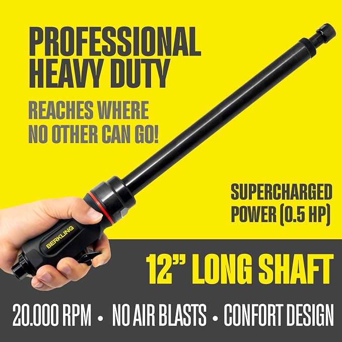 BT 6321-12 | 12" Extra Long Extension 1/4“ Straight Air Die Grinder, Professional Grade Heavy Duty Variable High Speed (Straight, 12" Extension)