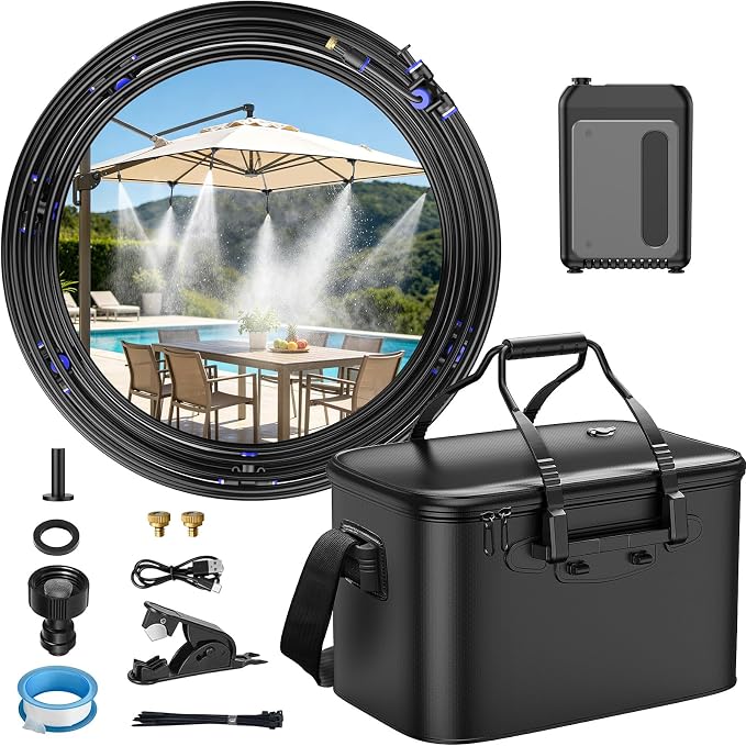 IGRL 26FT Portable Misting System for Cooling, Misters for Outside Patio with 20L Foldable Tank, 6000mAh Pump & 6 Adjustable Brass Nozzles for Umbrella, Camping, Golf Cart, Sport