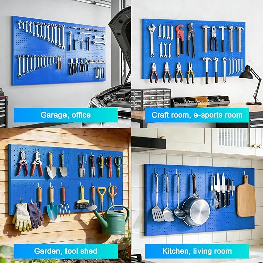 Metal Peg Board Panels 4 Pack, 24" x 12", Black, Blue | Heavy Duty Rust-Proof Wall Board Panels, Sturdy Steel Storage Pegboard for Garage, Workshop & Craft Room Organizer