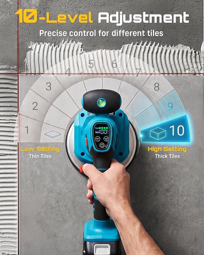 Tile Vibration Tool with 8" Suction Cup Kit for Laying and Lifting Tile | 145mm Tile Vibrator, 10 Speeds, 18000 r/min, 2 x 2000mAh Batteries, 220/450 lb Suction, For 6-48 in Floor and Wall Tiles