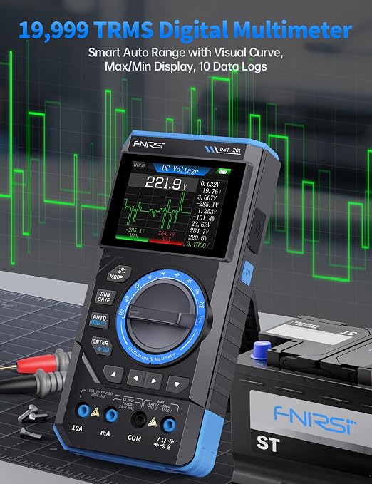 FNIRSI DST-201 3IN1 Digital Multimeter 19999 Counts TRMS, 1MHz Bandwidth Handheld Oscilloscope Multimeter DDS Generator, 5MSa/s Sample Rate, AC/DC Voltage Current Capacitor Resistor Diode Temperature